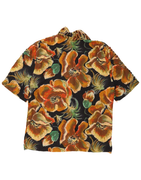 Vintage mujer camisa de manga corta blusa Reino Unido 14 medio negro floral viscosa