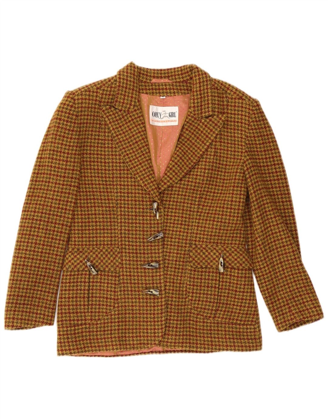 Vintage mujer 4 botones Blazer chaqueta IT 46 lana de pata de gallo marrón grande