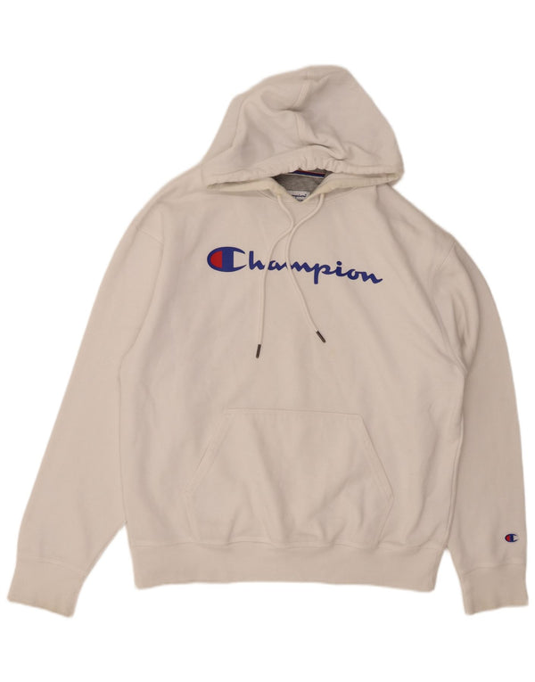 CHAMPION Mens Graphic Hoodie Jumper Large White Cotton
