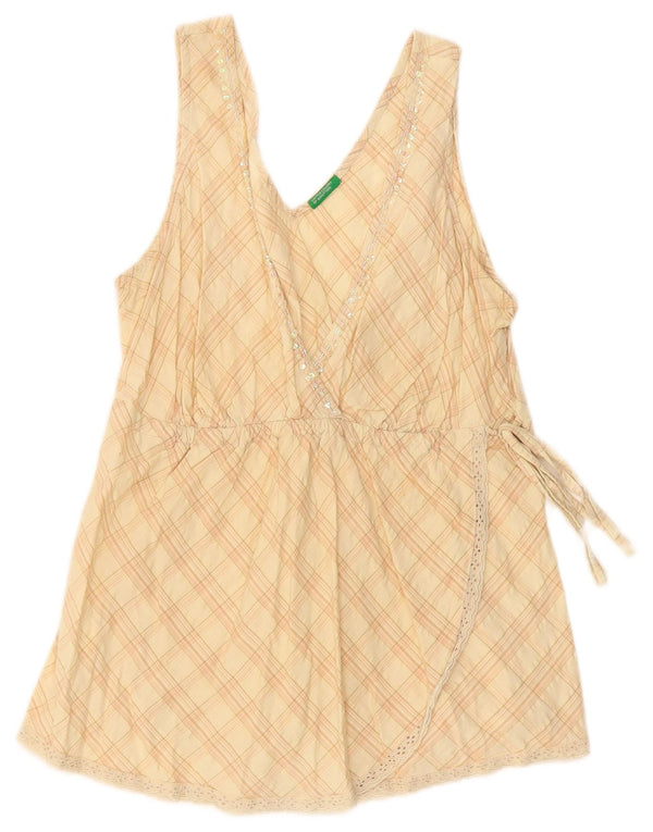 Benetton Blusa Sin Mangas para Mujer UK 44 Large Beige Check Cotton