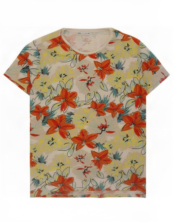 Zara Camiseta Mujer Top UK 40 Grande Algodón Floral Multicolor