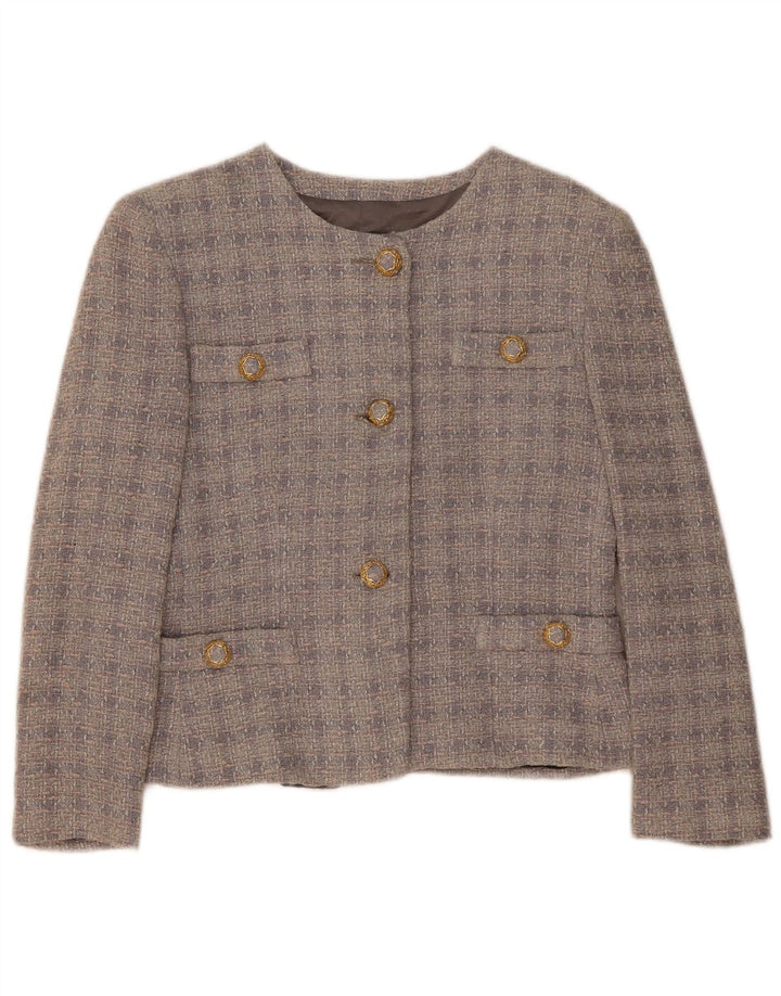 Vintage mujer 3 botones Blazer chaqueta IT 42 lana de cuadros gris medio
