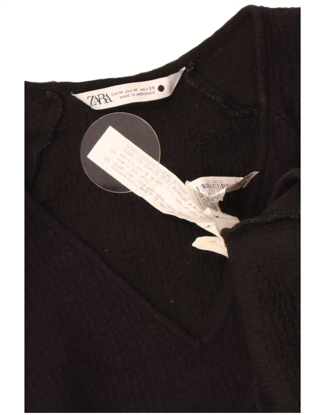 Zara Mujer Crop Blusa De Manga 3/4 Top UK 42 Mediano Lana Negra