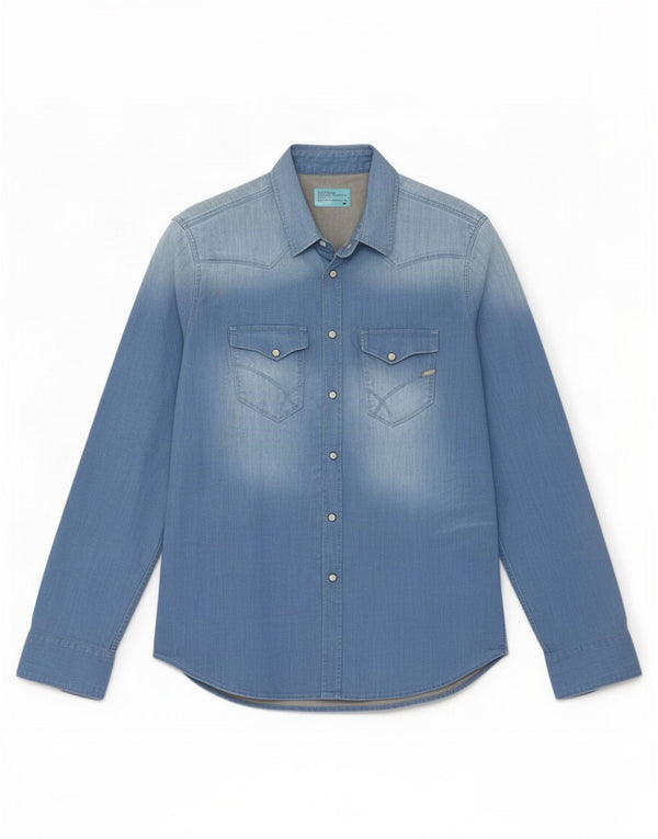 Camisa vaquera vintage para hombre algodón azul grande