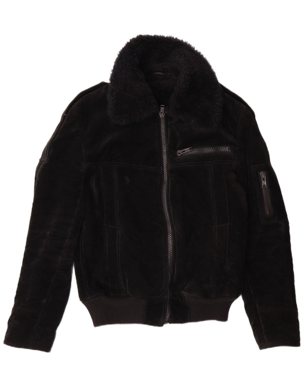 VINTAGE Chaqueta Sherpa para Mujer Reino Unido 12 Viscosa Negra Mediana