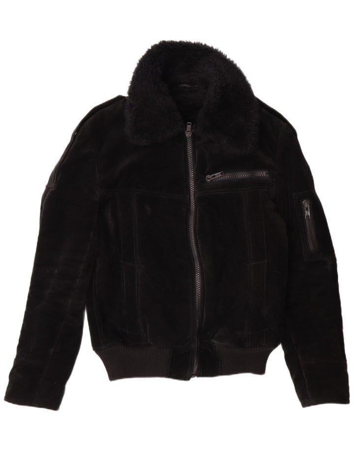 VINTAGE Chaqueta Sherpa para Mujer Reino Unido 12 Viscosa Negra Mediana