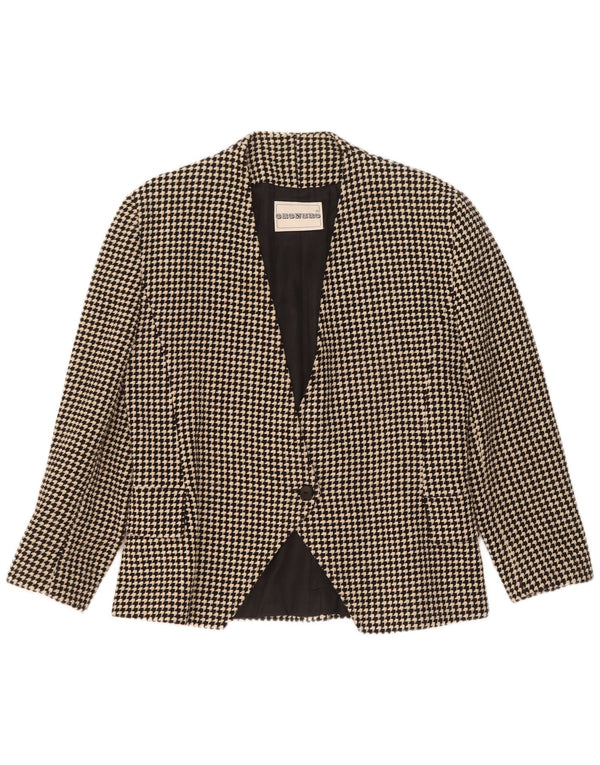 Vintage mujer 1 botón Blazer chaqueta Reino Unido 14 lana de pata de gallo negra mediana