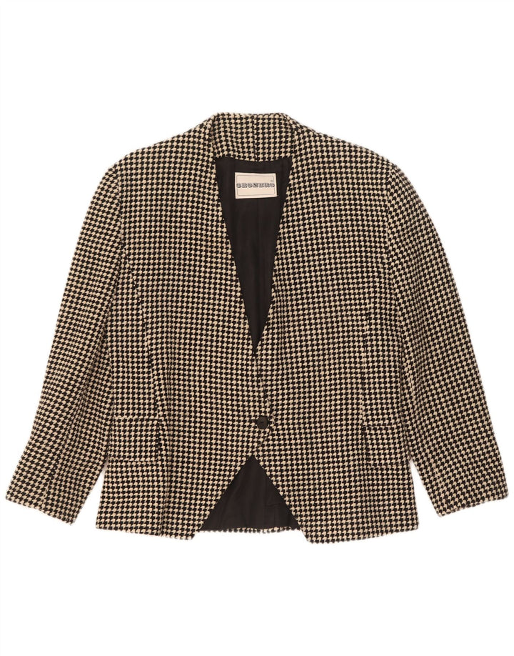 Vintage mujer 1 botón Blazer chaqueta Reino Unido 14 lana de pata de gallo negra mediana