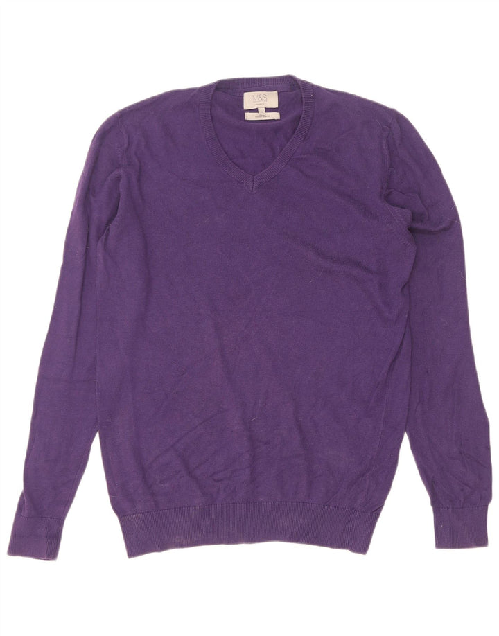 Marks & Spencer Jersey de corte regular con cuello en V para hombre de algodón morado medio