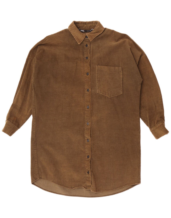 Zara Vestido camisero de pana de manga larga extragrande para mujer UK 10 Small Khaki