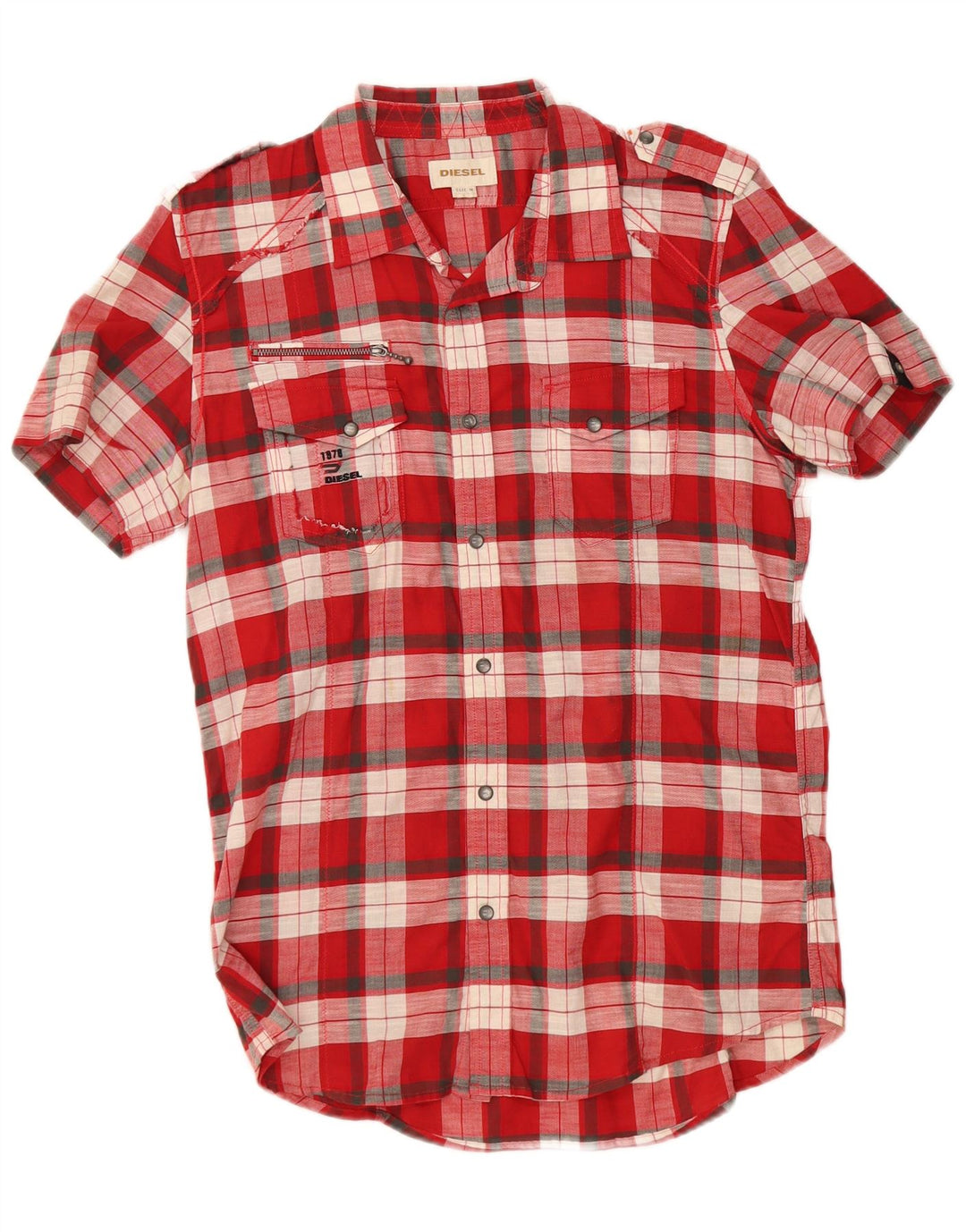 Diesel Hombre Camisa Militar De Manga Corta De Algodón A Cuadros Rojo Medio