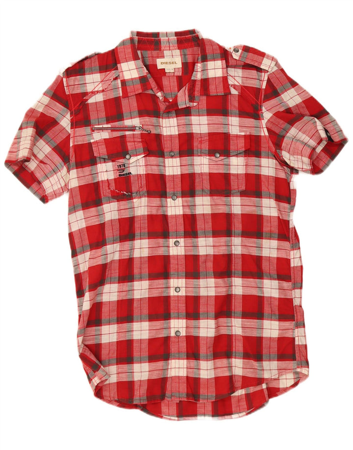 Diesel Hombre Camisa Militar De Manga Corta De Algodón A Cuadros Rojo Medio