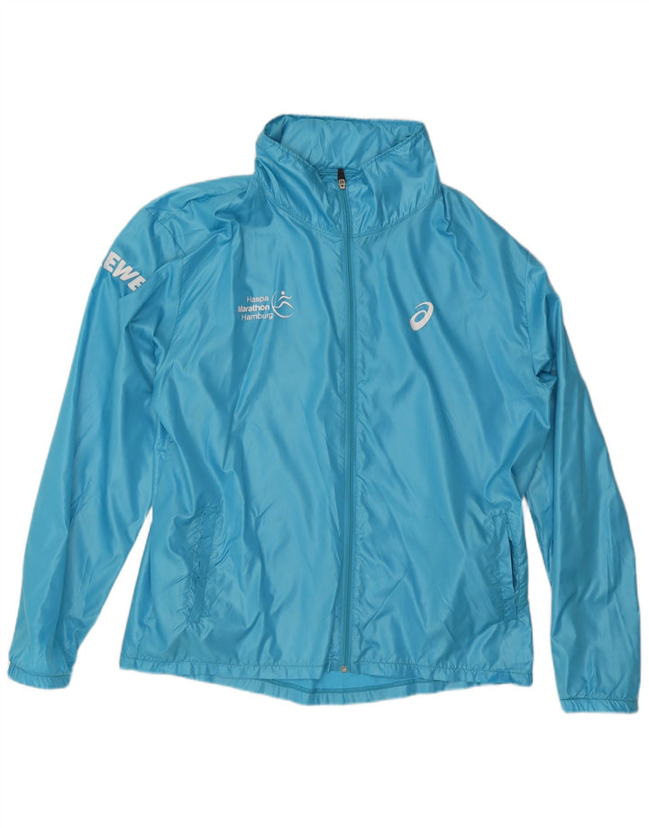 Asics Chaqueta impermeable con capucha gráfica para hombre Reino Unido 40 Poliéster azul grande