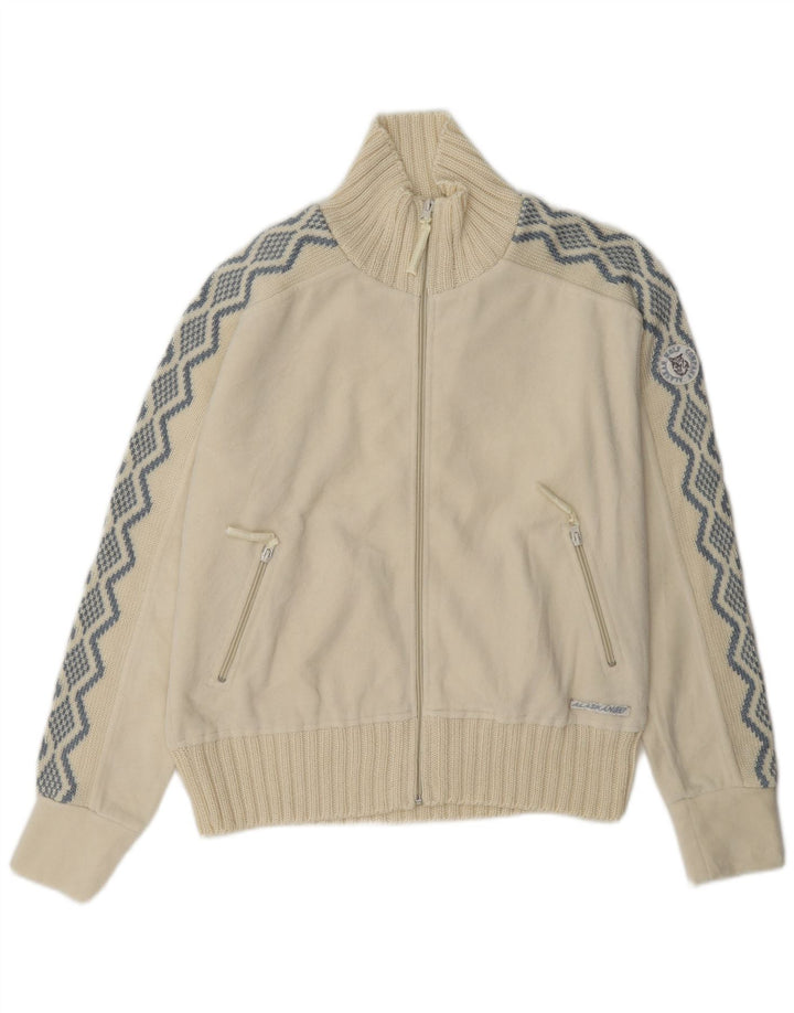 Vintage mujer chaqueta de vellón Reino Unido 14 grande de poliéster geométrico blanco apagado