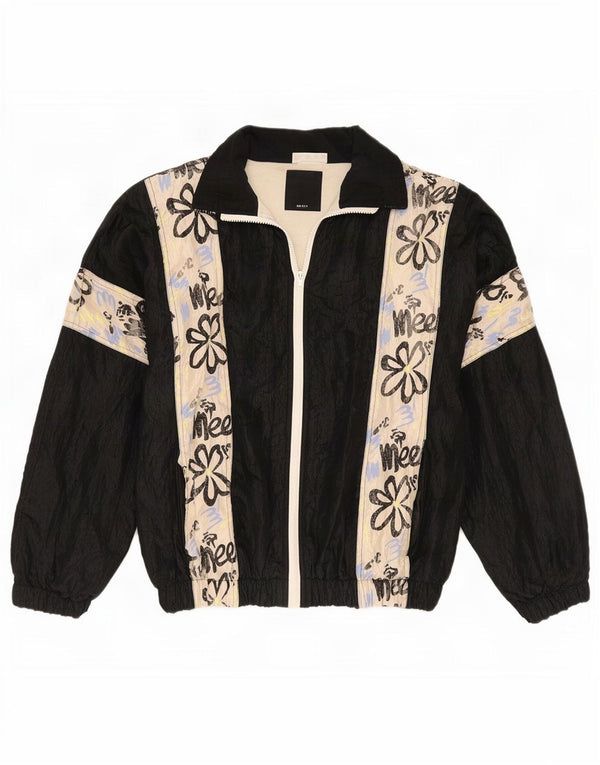 Vintage hombres sueltos ajuste chándal top chaqueta medio negro floral nylon retro