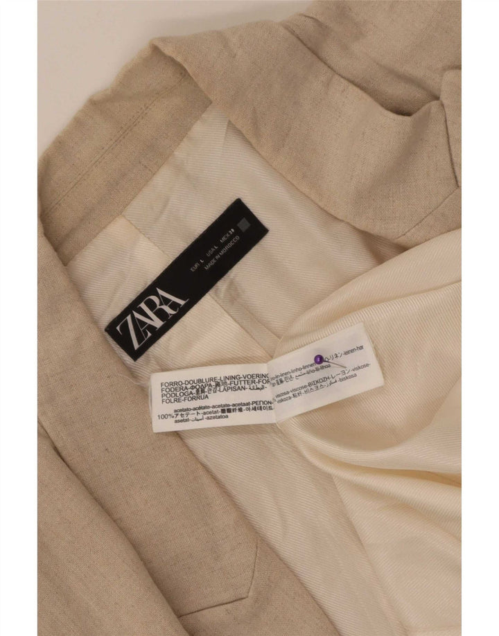 Zara Mujer Chaqueta Americana Abierta Manga 3/4 UK 46 Grande Lino Beige