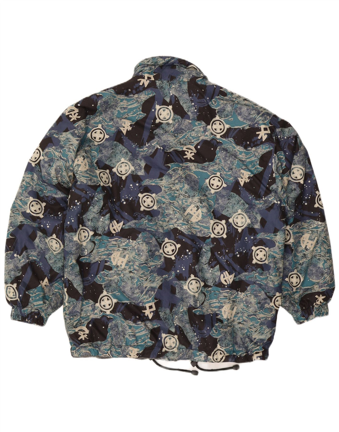 Vintage hombres patrón abstracto suelta ajuste cortavientos chaqueta Reino Unido 36 azul pequeño