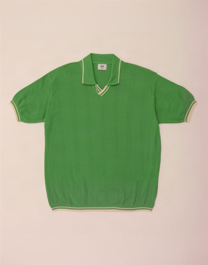 Vintage hombres manga corta polo cuello jersey suéter medio verde