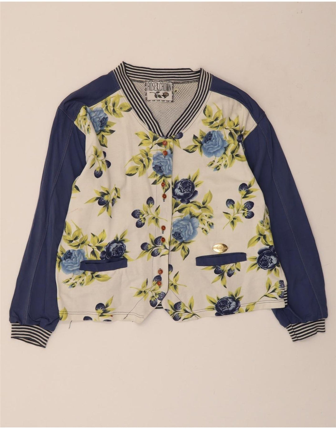 ROSE AND CROWN Womens Varsity Jacket UK 14 Medium Blue Floral Cotton Vintage Rose and Crown and Second-Hand Rose and Crown from Messina Hembry 