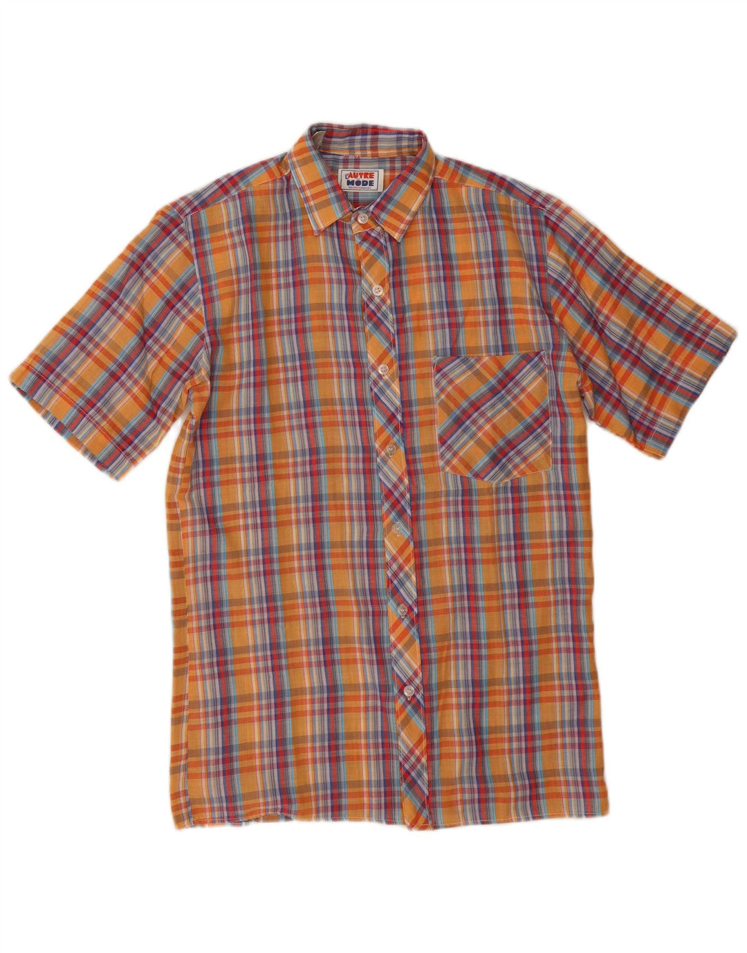 Camisa vintage de manga corta para hombre, poliéster a cuadros naranja pequeño