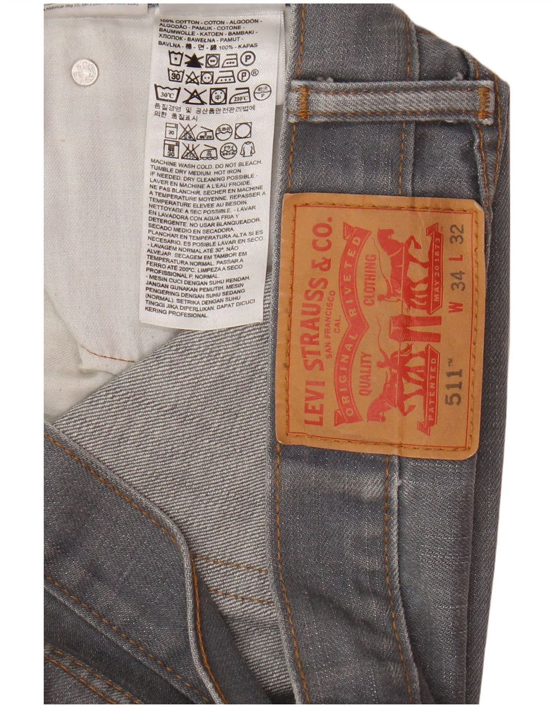 Levi's Hombre 511 Slim Jeans W34 L32 Algodón Gris