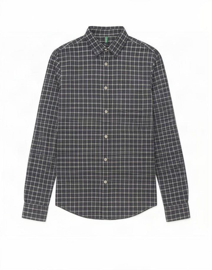 Camisa Benetton Hombre Algodón A Cuadros Azul Pequeño