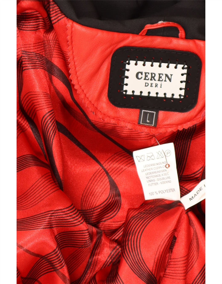 VINTAGE Chaqueta de cuero con capucha asimétrica para mujer Reino Unido 16 Cuero rojo grande