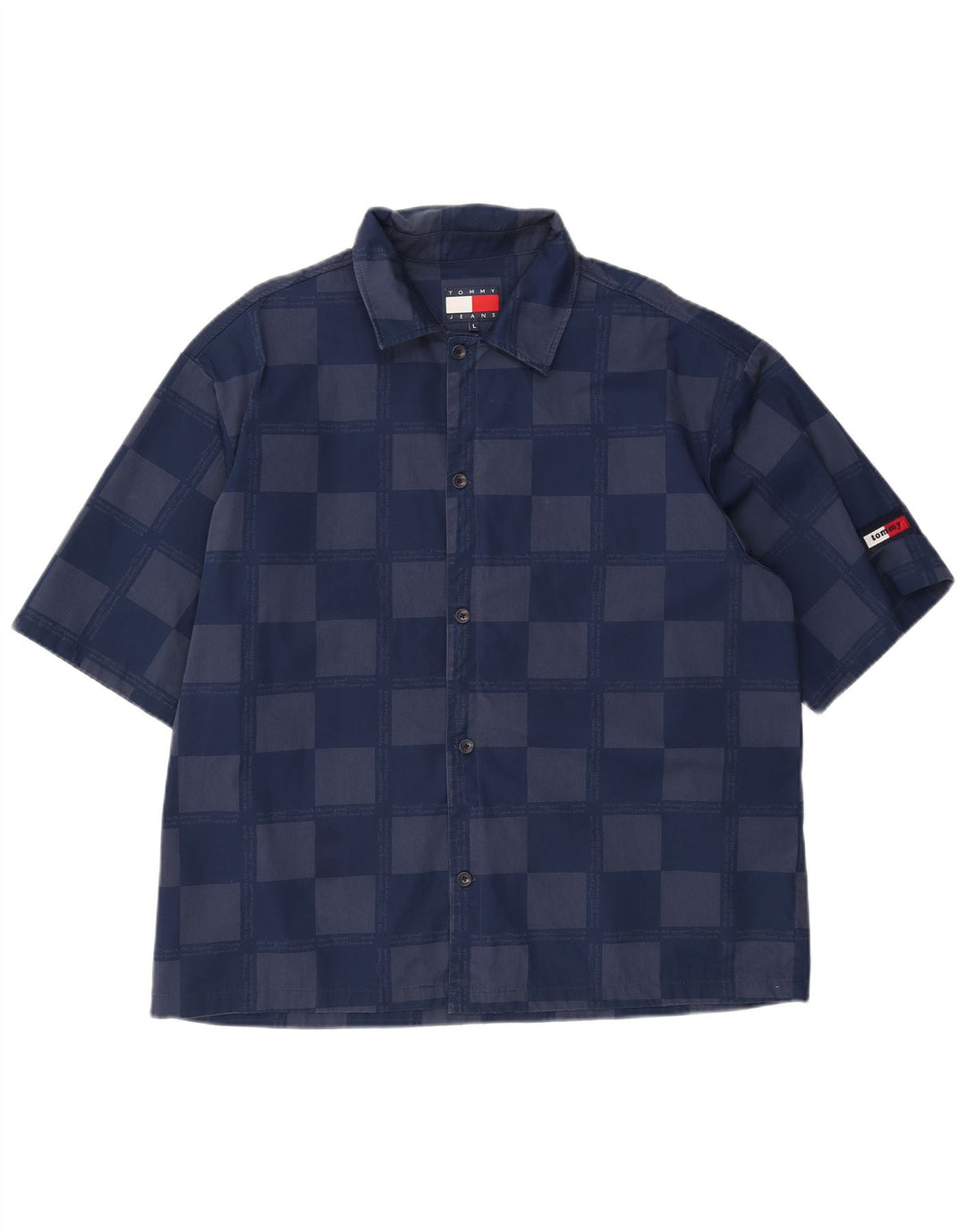 TOMMY HILFIGER Camisa de manga corta para hombre Large Viscosa geométrica azul marino