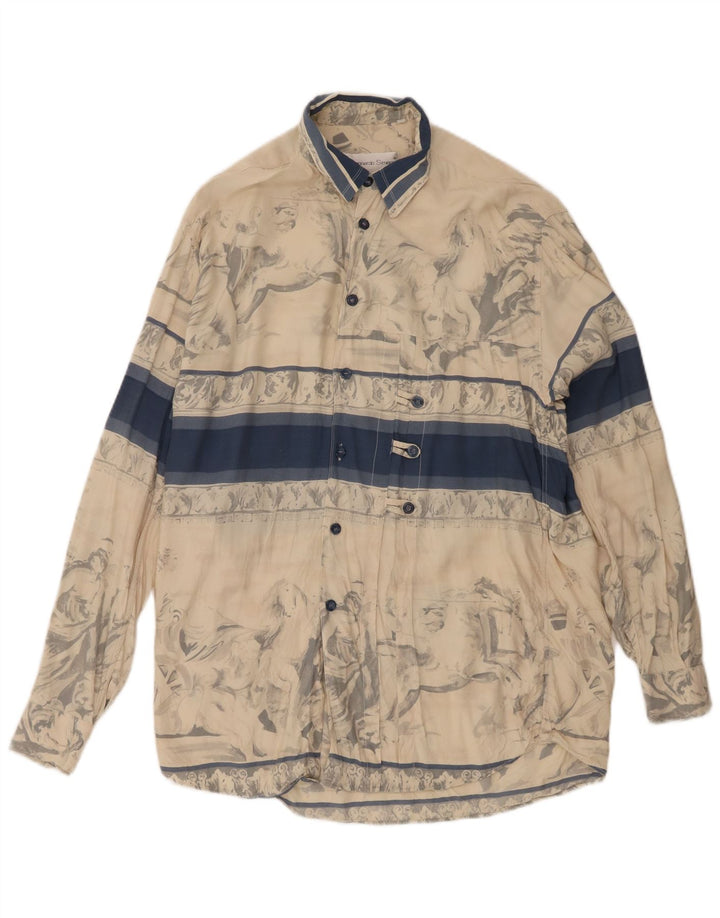 Camisa Vintage Hombre Con Estampado Abstracto Viscosa Color Block Beige Medio