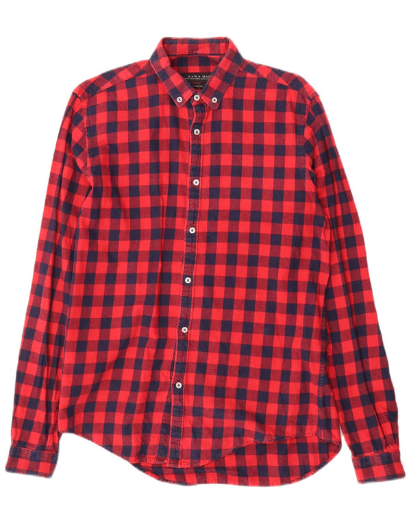 Zara Hombre Camisa Slim Fit De Franela Algodón A Cuadros Rojo Medio