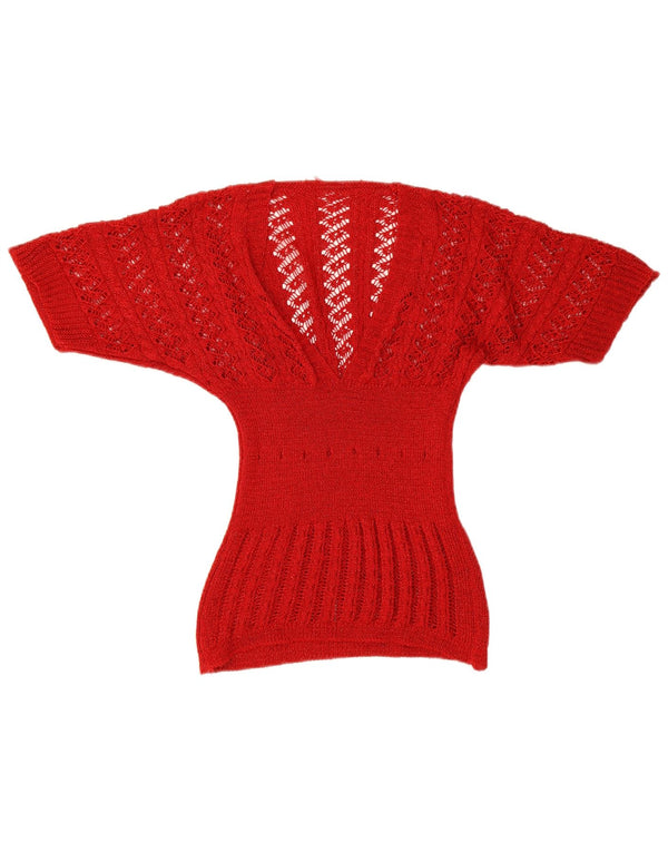 Vintage mujer manga corta V-cuello jumper suéter Reino Unido 8 pequeño rojo