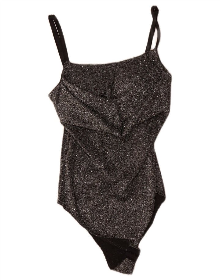 Vintage mujer sin mangas body UK 8 pequeño negro moteado poliéster