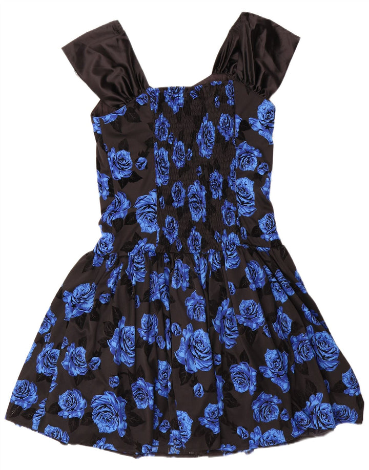 VINTAGE Vestido evasé sin mangas para mujer IT 42 Poliéster floral azul medio