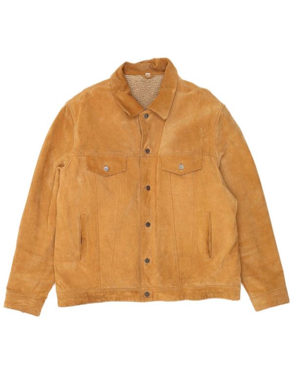 Vintage hombres sueltos ajuste Sherpa ante chaqueta EU 60 cuero beige grande