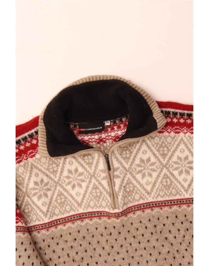 CAMPAGNOLO Suéter tipo jersey con cuello y cremallera para hombre XL Lana Fair Isle beige