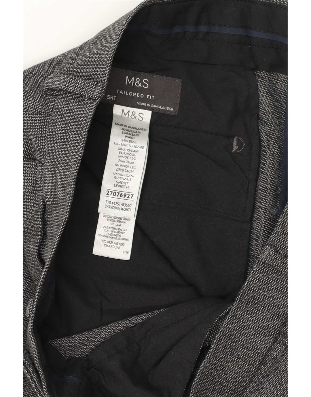 Marks & Spencer Pantalón de traje a medida para hombre W34 L28 Poliéster gris