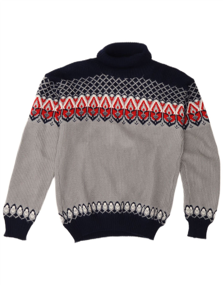 Vintage hombres rollo cuello jersey suéter medio azul justo isla acrílico