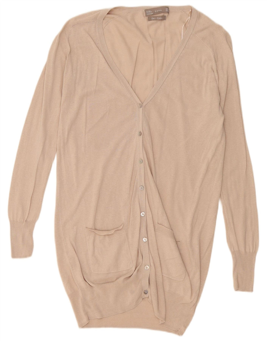 Zara Mujer Jersey Cárdigan Largo UK 44 Seda Beige Medio