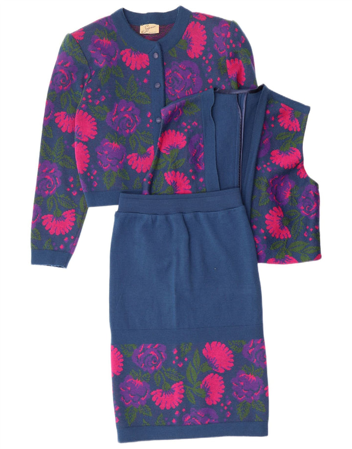 VINTAGE Conjunto de 3 piezas para mujer IT 46 Grande W26 Lana virgen floral azul marino