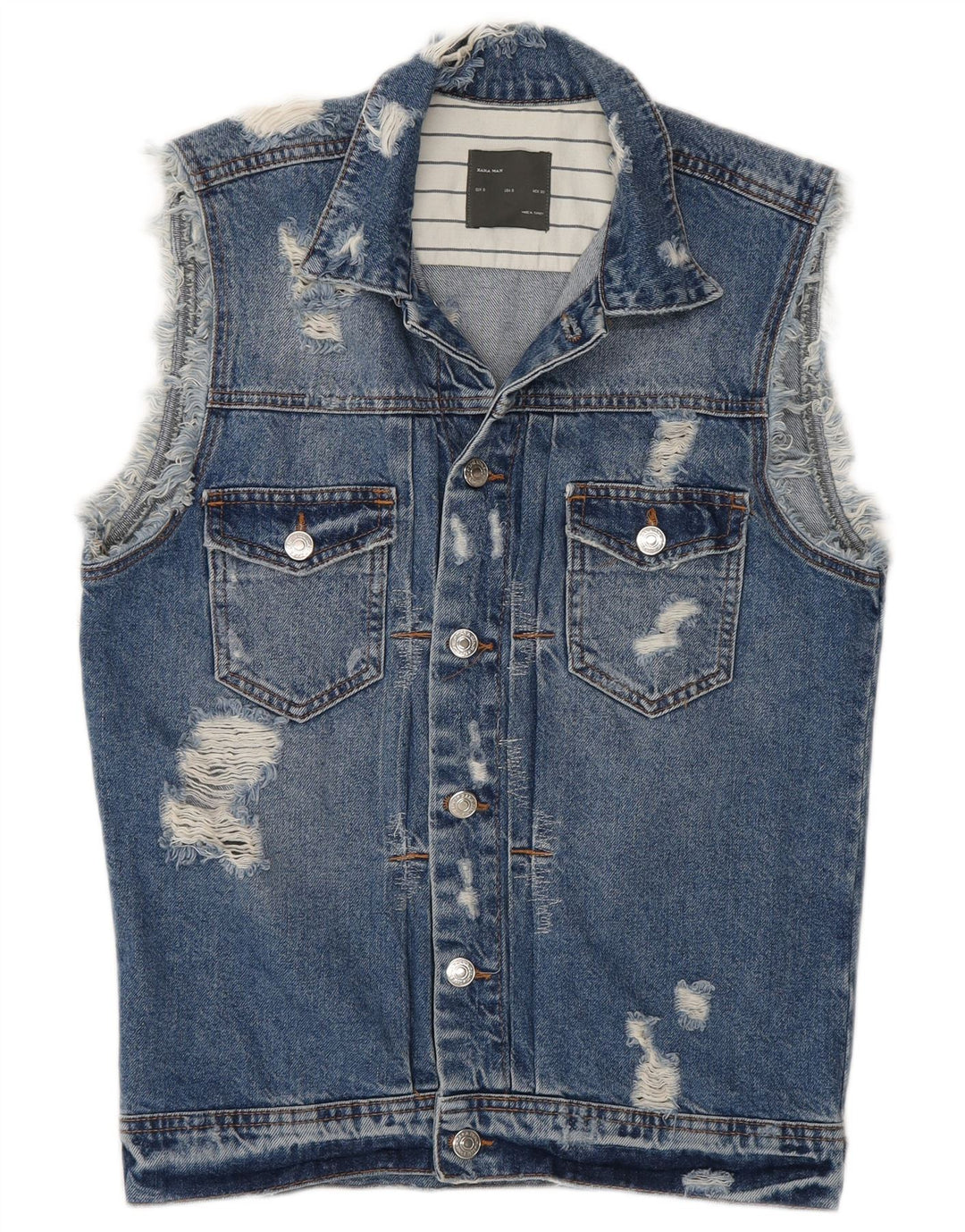 Zara Mens Chaleco Denim Desgastado UK 36 Pequeño Algodón Azul