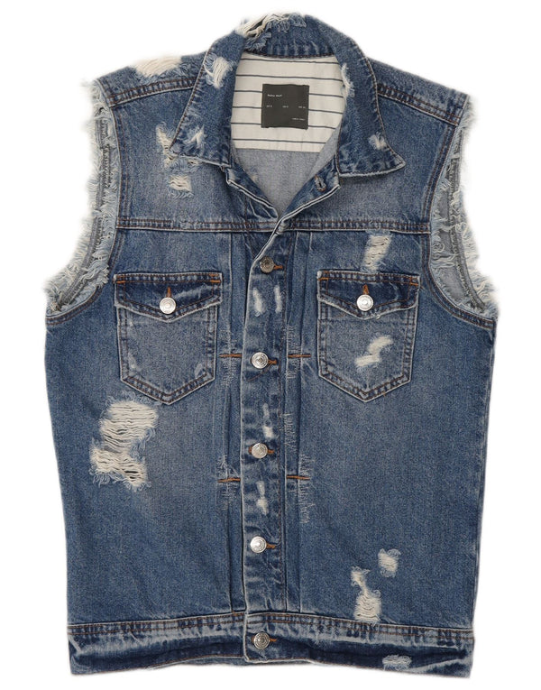 Zara Mens Chaleco Denim Desgastado UK 36 Pequeño Algodón Azul