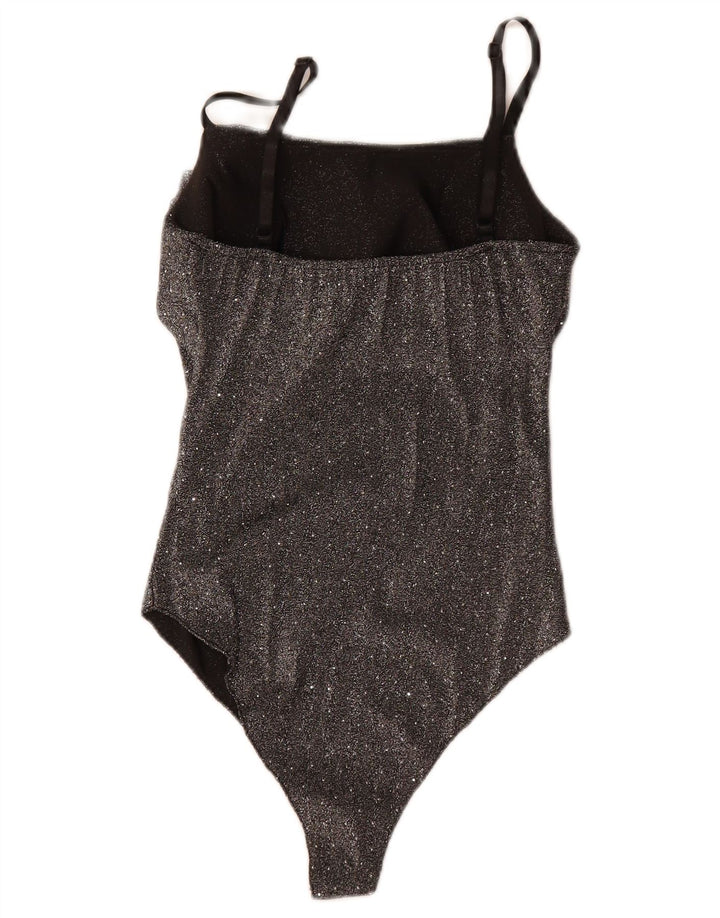 Vintage mujer sin mangas body UK 8 pequeño negro moteado poliéster