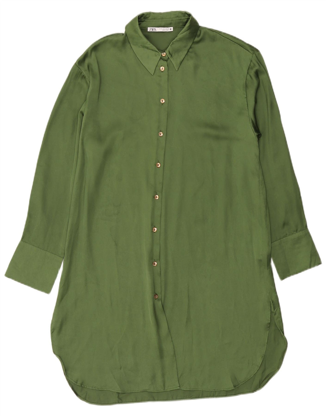 Zara Vestido Camisero Mujer UK 44 Poliéster Verde Medio
