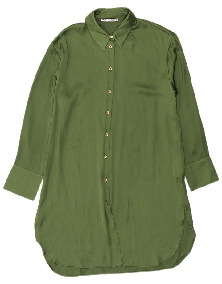Zara Vestido Camisero Mujer UK 44 Poliéster Verde Medio