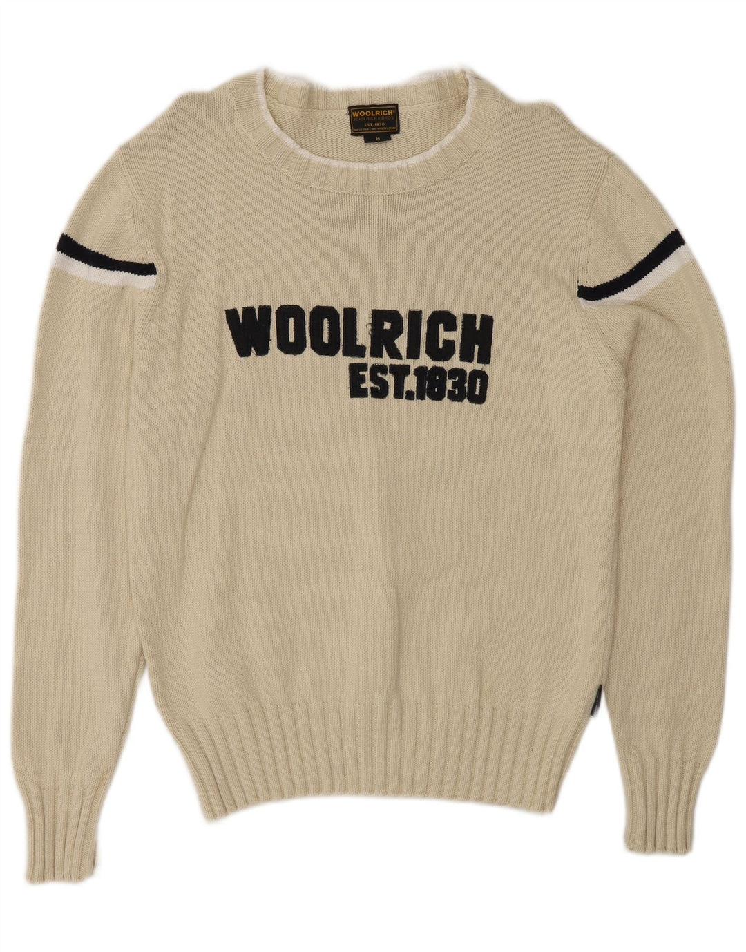 Woolrich Jersey con cuello barco y gráfico para hombre, jersey de rayas medianas en blanco roto