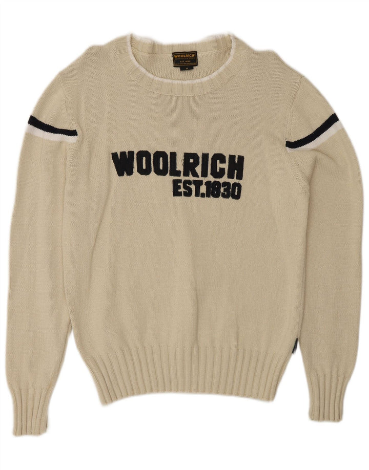 Woolrich Jersey con cuello barco y gráfico para hombre, jersey de rayas medianas en blanco roto