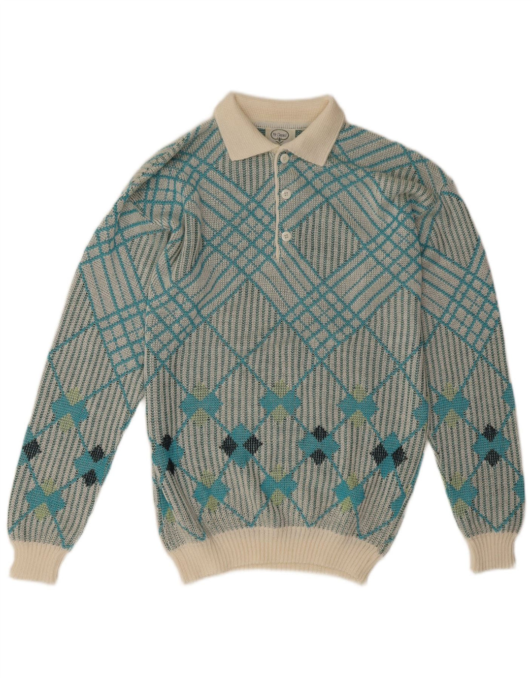 Vintage hombres polo cuello jersey suéter azul medio geométrico