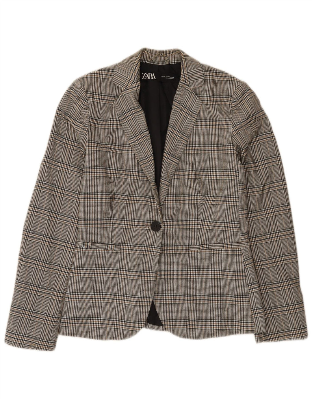 Zara Chaqueta Blazer De 1 Botón Para Mujer EU 34 2XS Poliéster A Cuadros Gris