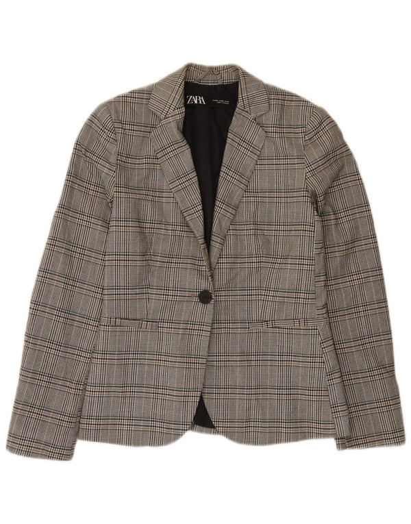 Zara Chaqueta Blazer De 1 Botón Para Mujer EU 34 2XS Poliéster A Cuadros Gris