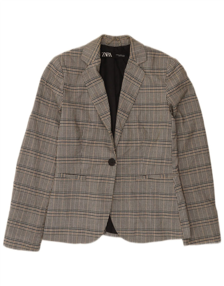 Zara Chaqueta Blazer De 1 Botón Para Mujer EU 34 2XS Poliéster A Cuadros Gris